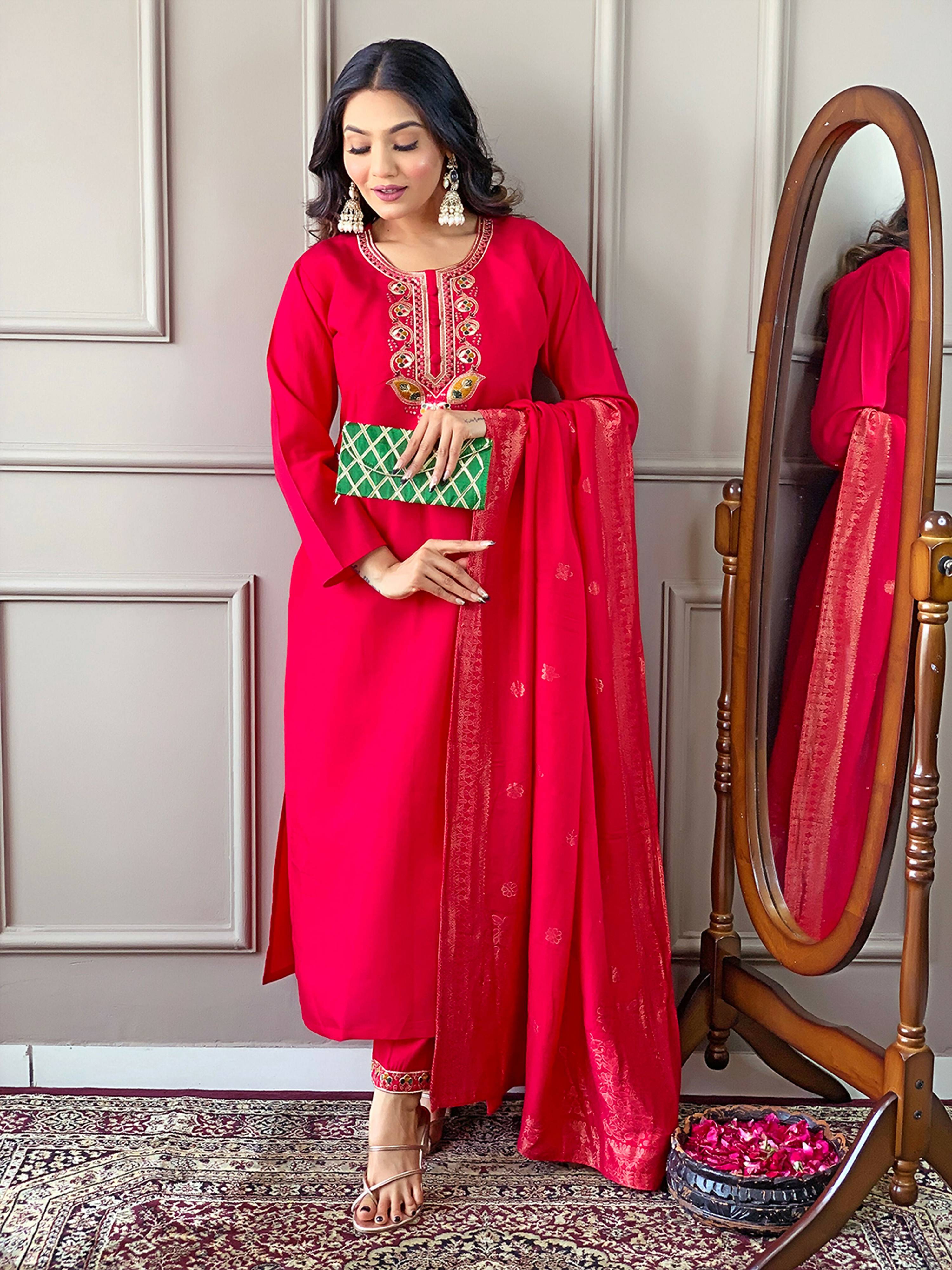 Partywear Designer Viscose Chanderi Red Stitched Suit With Dupatta - Anbazaar