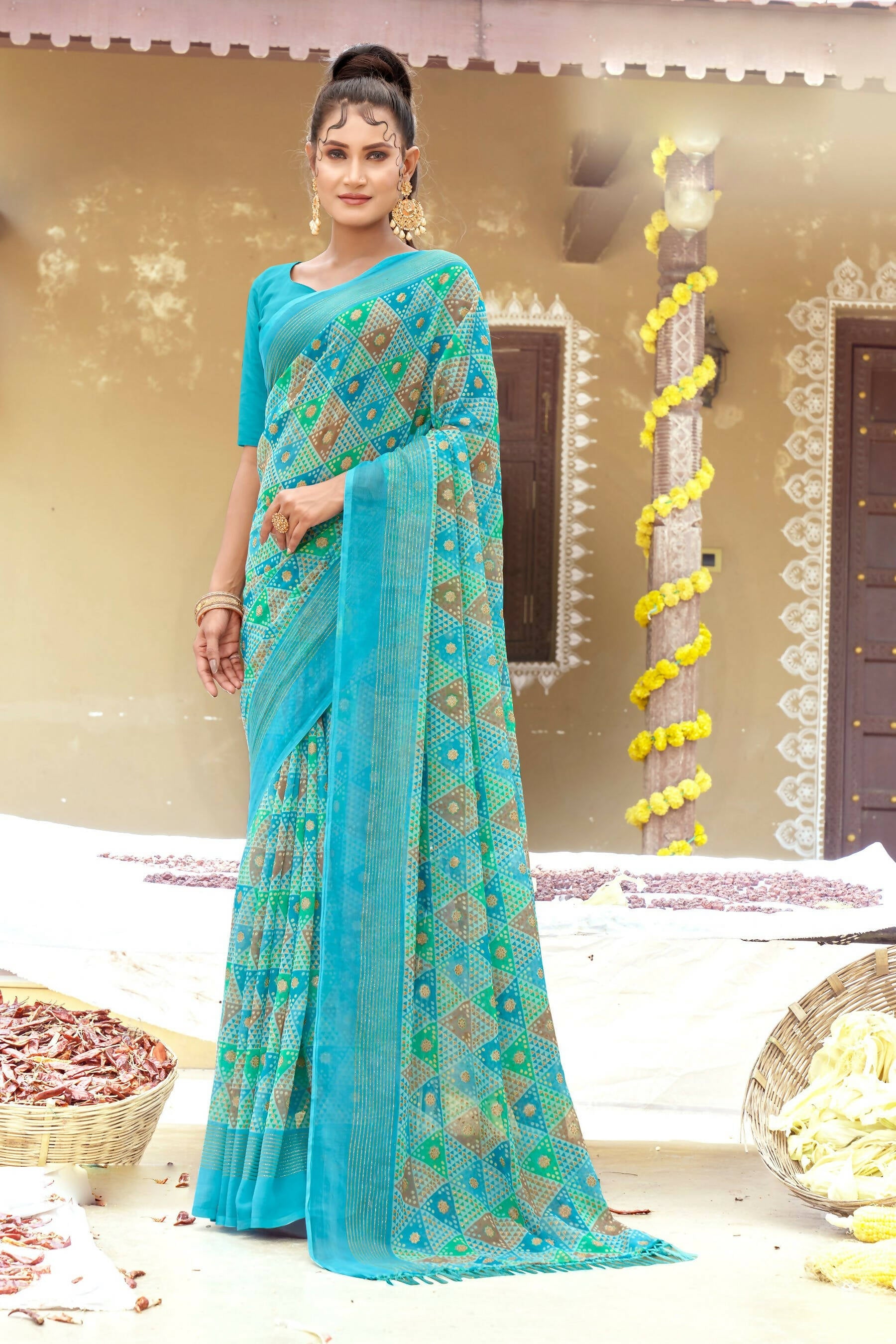Sky Blue Chiffon Printed Ivory Print and Zari work Saree with Unstitched Blouse Piece - Shanaya