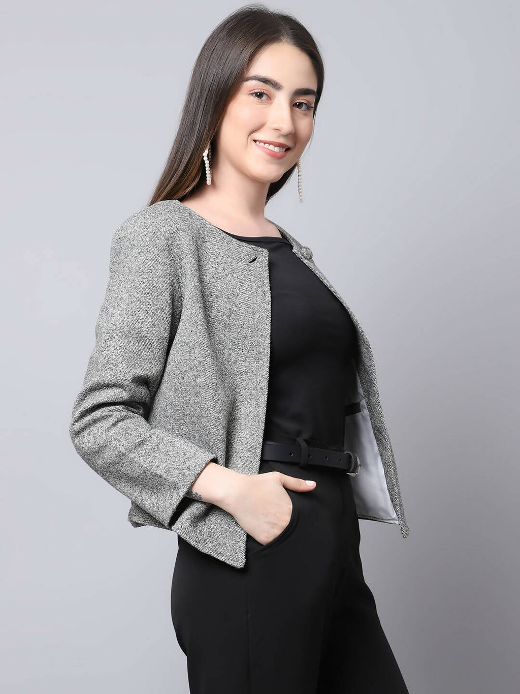 Even Apparels Grey Pure Wool Open Front Statement Women's Jacket
