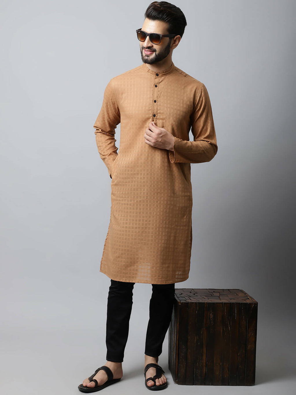 Even Apparels Brown Color Pure Cotton Men's Kurta With Band Collar (CHK1200)
