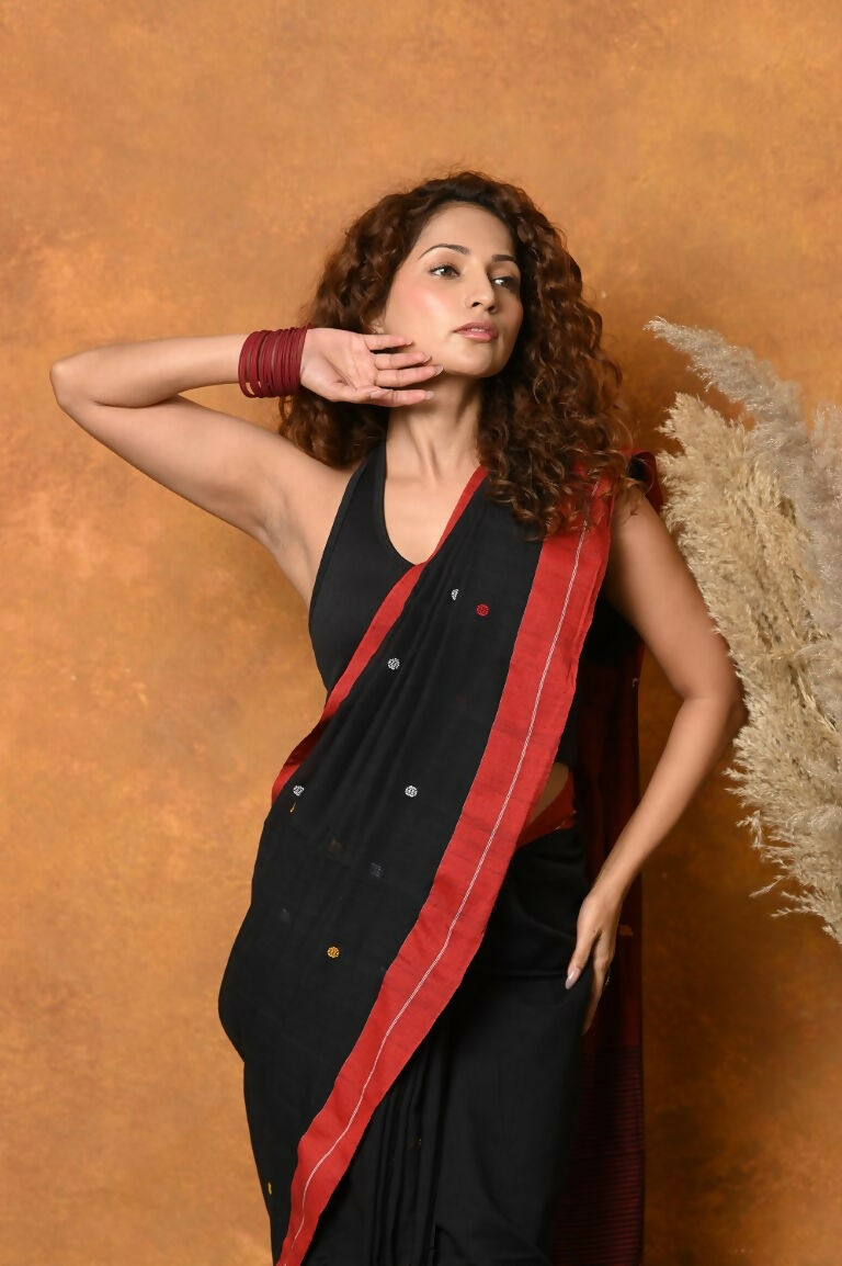 Very Much Indian Pure Cotton Handloom Saree with Buttis & Sleek Border - Black