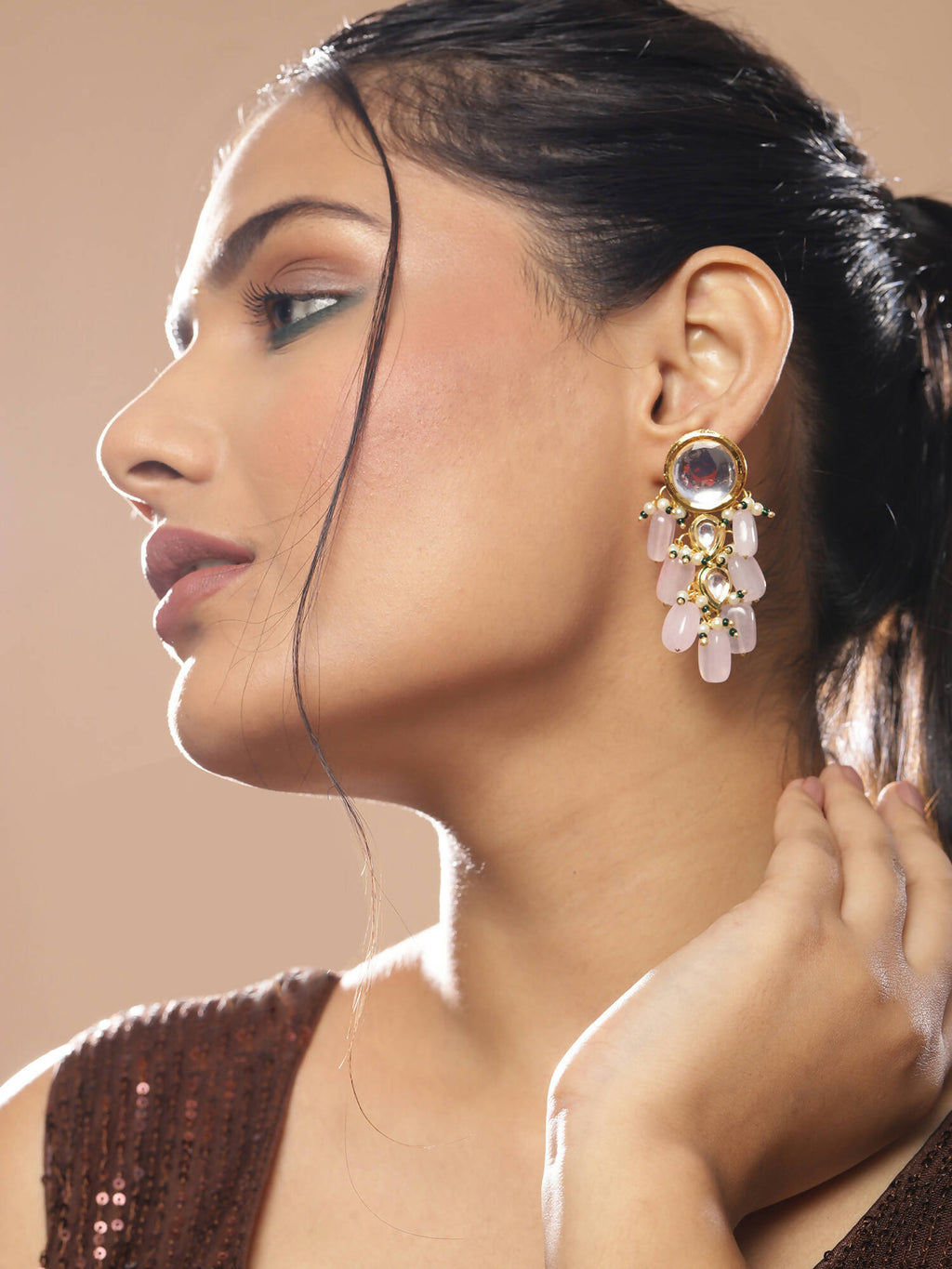Gold-Toned White Kundan Contemporary Gold-Polished Drop Earrings - Ruby Raang