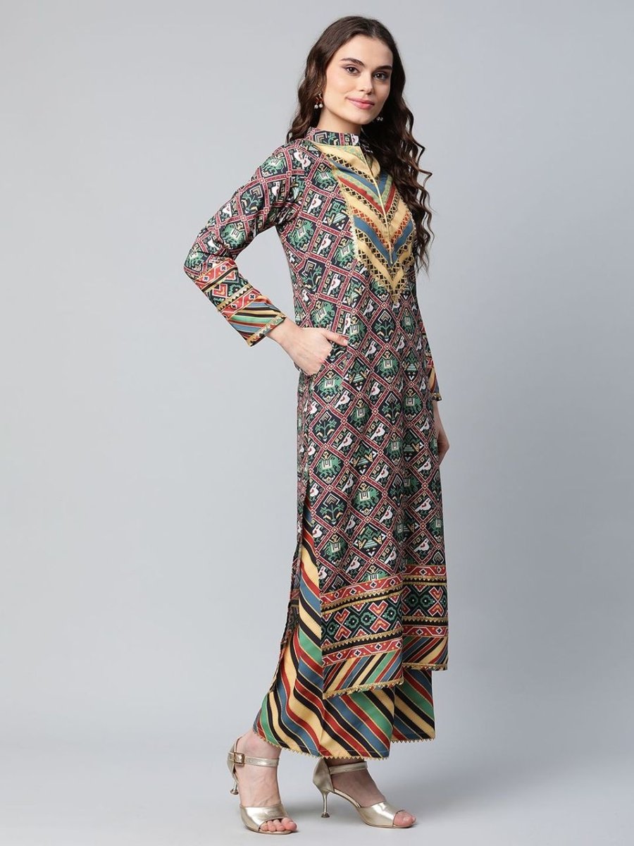 Ahalyaa Women's Multi Colour Crepe Digital Patola Printed Kurta Palazzo Set With Dupatta