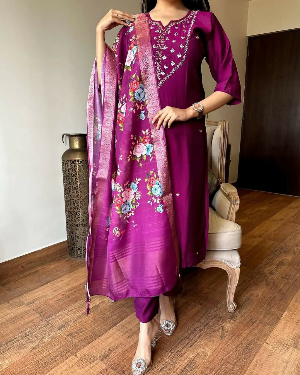 The52 Wine Women's Gorgeous Embroidered Rayon Fabric Straight Kurta Pant with Dupatta Set