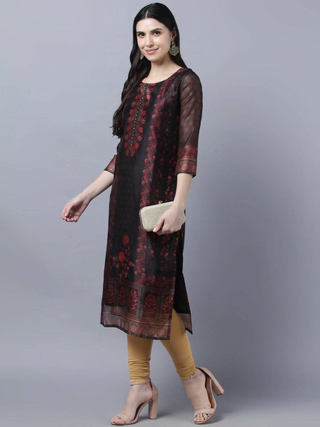 Myshka Women Black Red Floral Printed Chanderi Silk Kurta