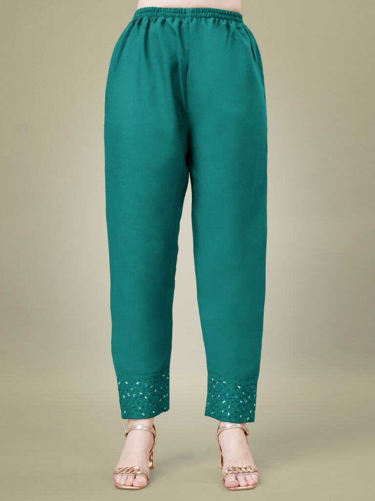 Jyoti Fashion Women's Teal Cotton Blend Embroidery & Sequence work Kurta with Trouser & Dupatta
