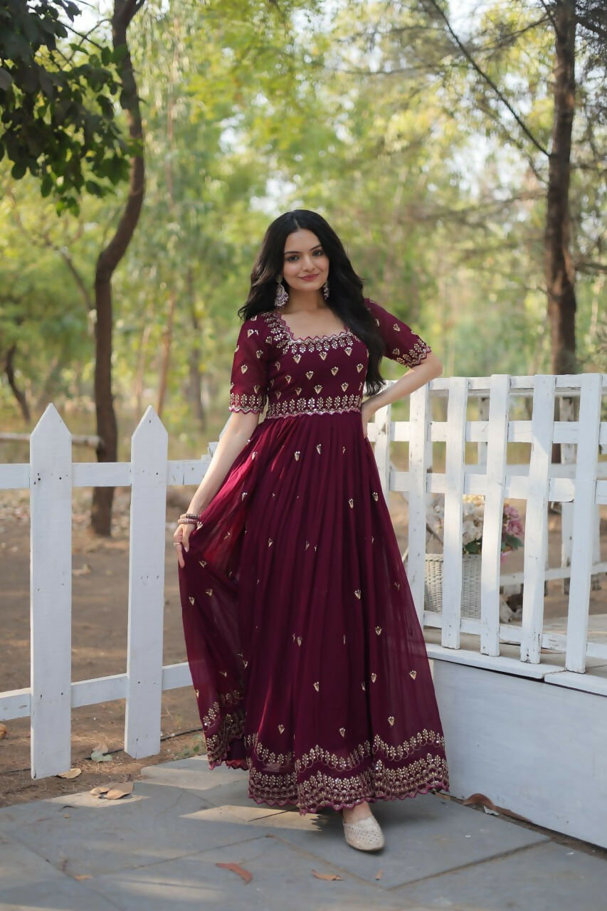 Vastranavya Premium Designer Faux Blooming with Embroidery Zari Sequins work Gown - Maroon