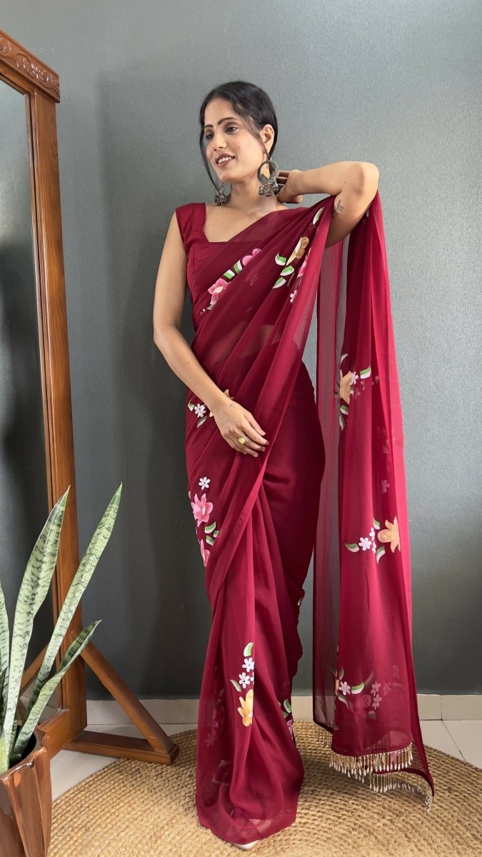 Aayaa Designer 1 min Hand Painted Ready to Wear saree - Maroon