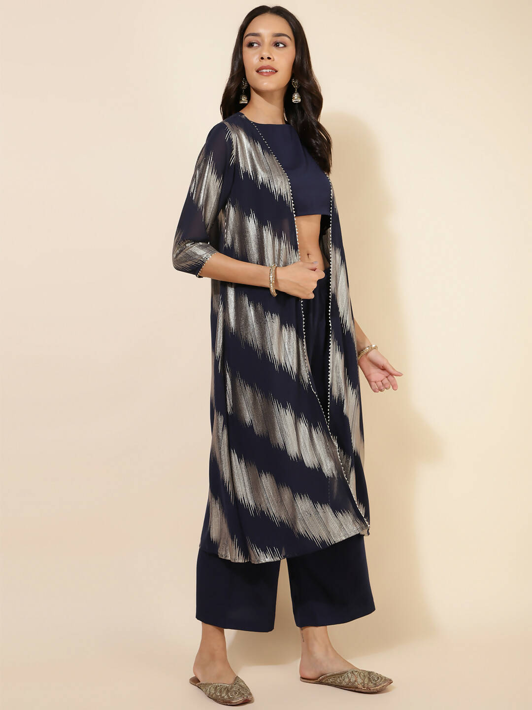 Janasya Women's Dark Blue Crepe Foil Printed Festive Crop Top Set