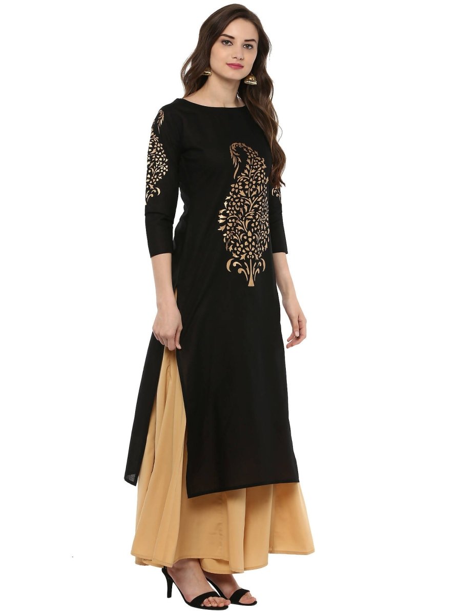 Ahalyaa Black Chanderi Gold Print Kurta