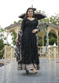 Jyoti Fashion Women's Black Faux Blooming Sequins with Zari Embroidery Anarkali Dress with Dupatta