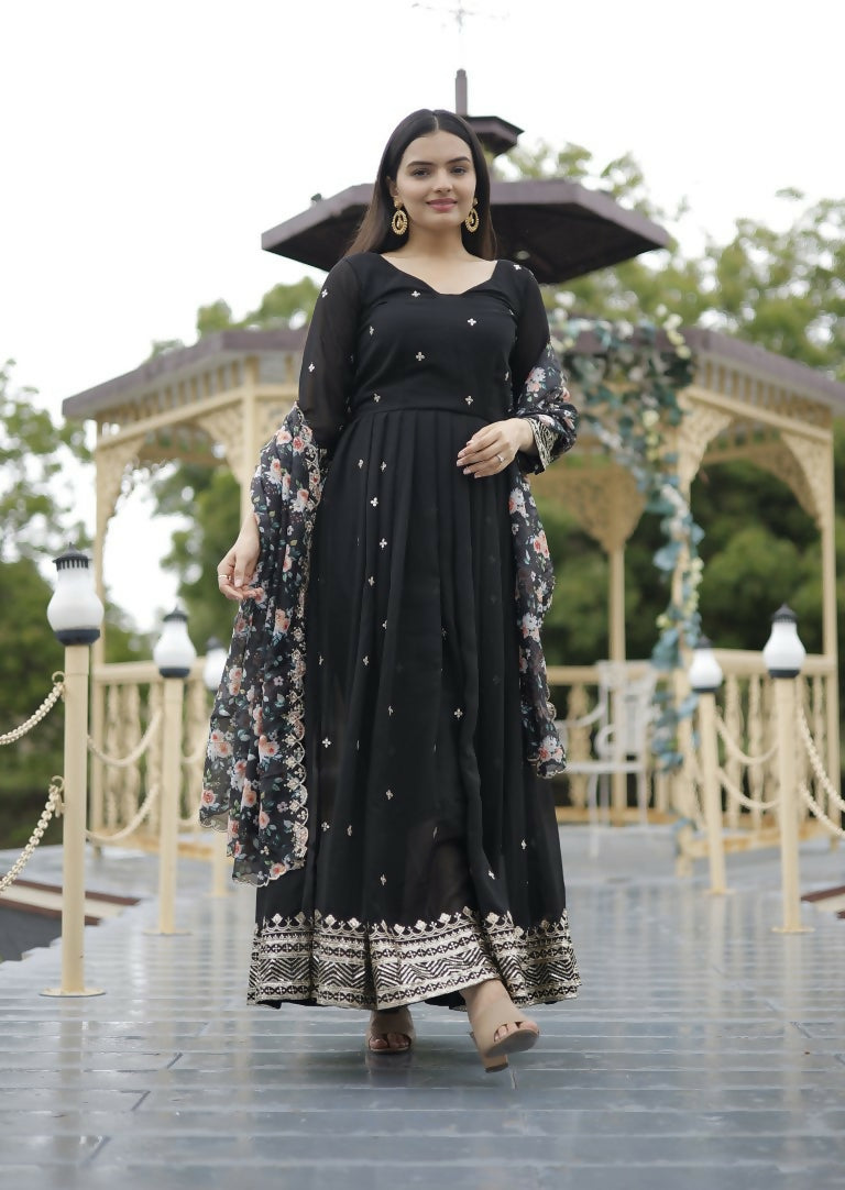 Jyoti Fashion Women's Black Faux Blooming Sequins with Zari Embroidery Anarkali Dress with Dupatta
