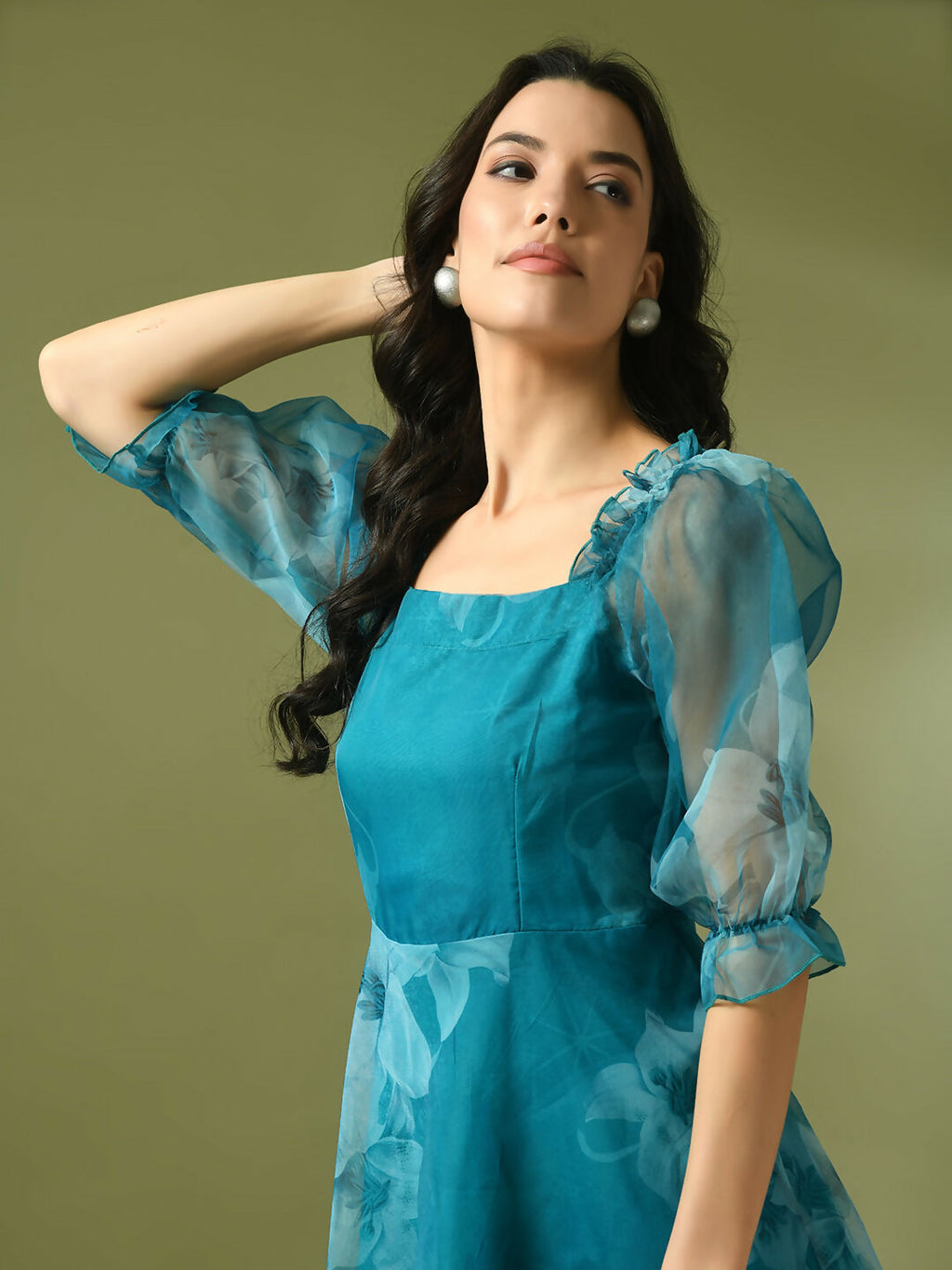 Myshka Women's Teal Printed Square Neck Fit and Flare Party Dress