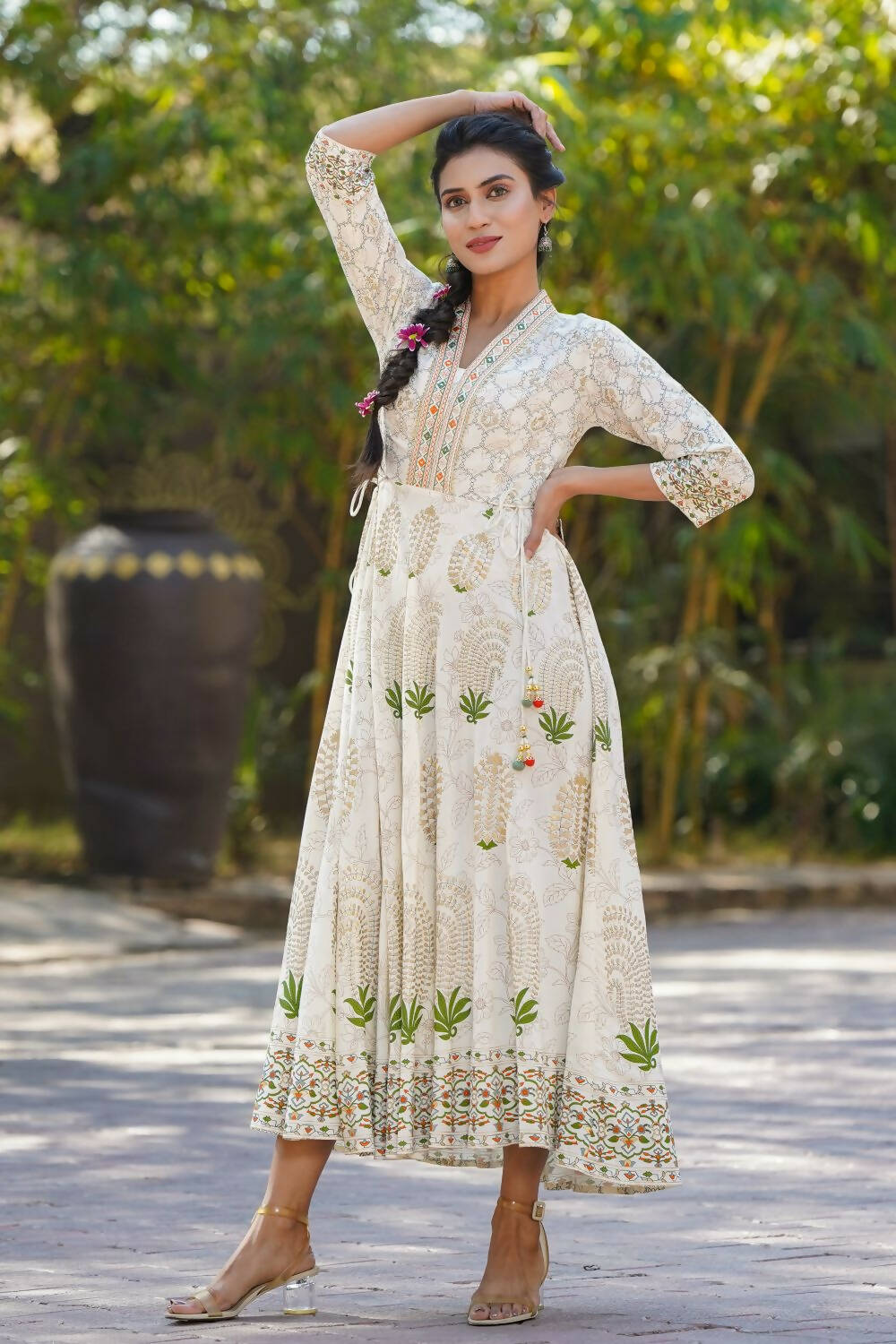 Juniper Womens Ivory Rayon Foil Printed Circular Maxi Dress With Mirror Embroidery