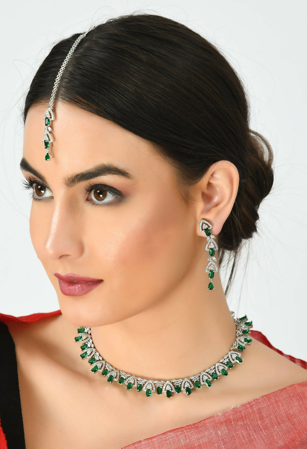 Mominos Fashion Johar Kamal Silver-Plated American Diamond Green Choker Set