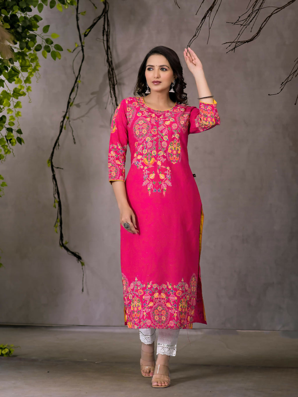 Juniper Women's Pink Thread Embroidered Liva Rayon Kurta With Sequins & Beads