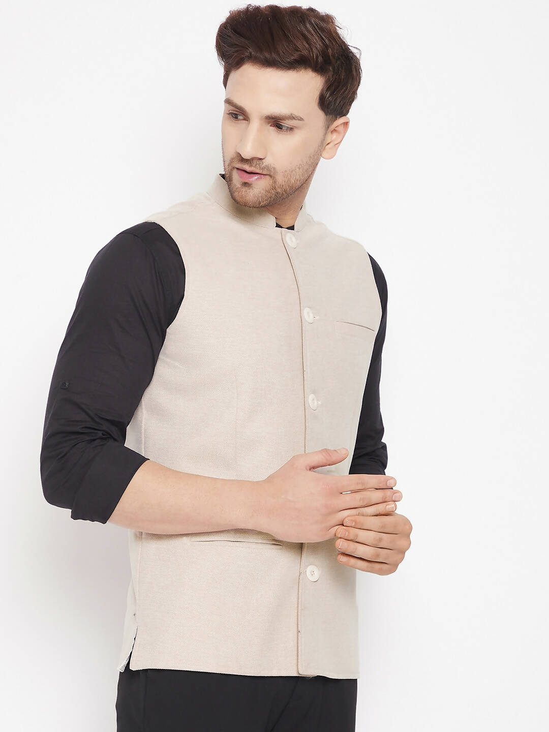 Even Apparels Cream Merino Men Woven Nehru Jacket