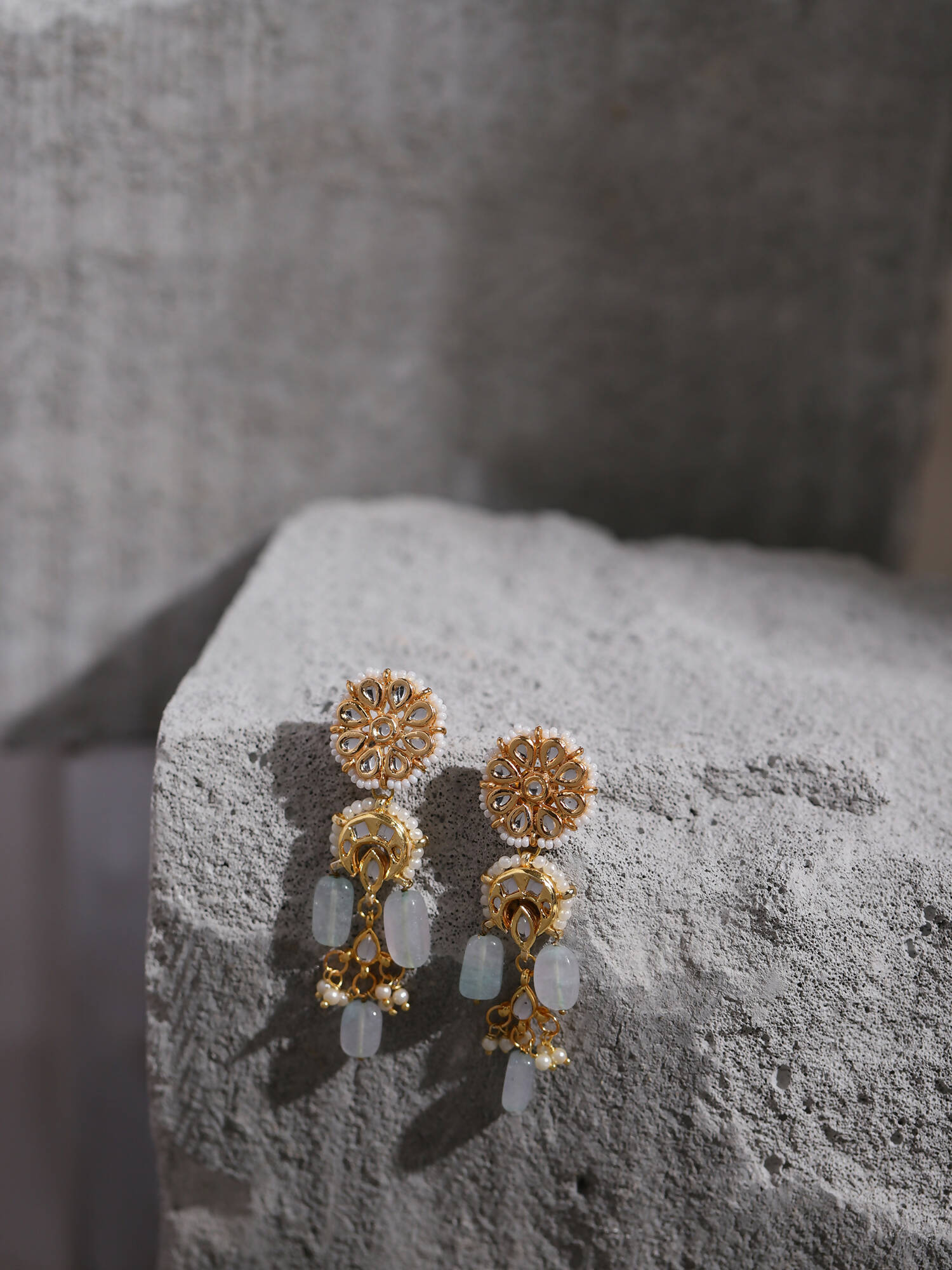 Gold-Toned White Kundan Contemporary Gold-Polished Drop Earrings - Ruby Raang