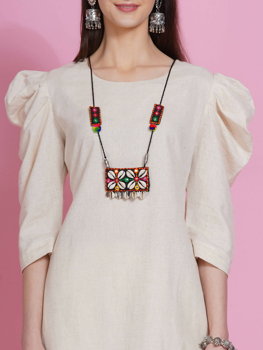 Women Republic Off White Cotton Flex Kurta With Attached Necklace And Pants