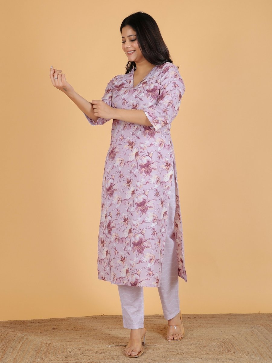 Aramya Straight Soft Cotton Gold foil Print Women's Kurta Set - Purple