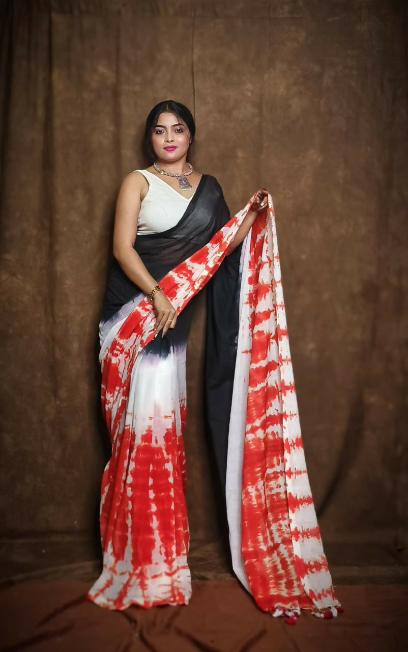 Exclusive Collection Black Red Beautiful Super Soft Most Comfortable Pure Mul Cotton Saree