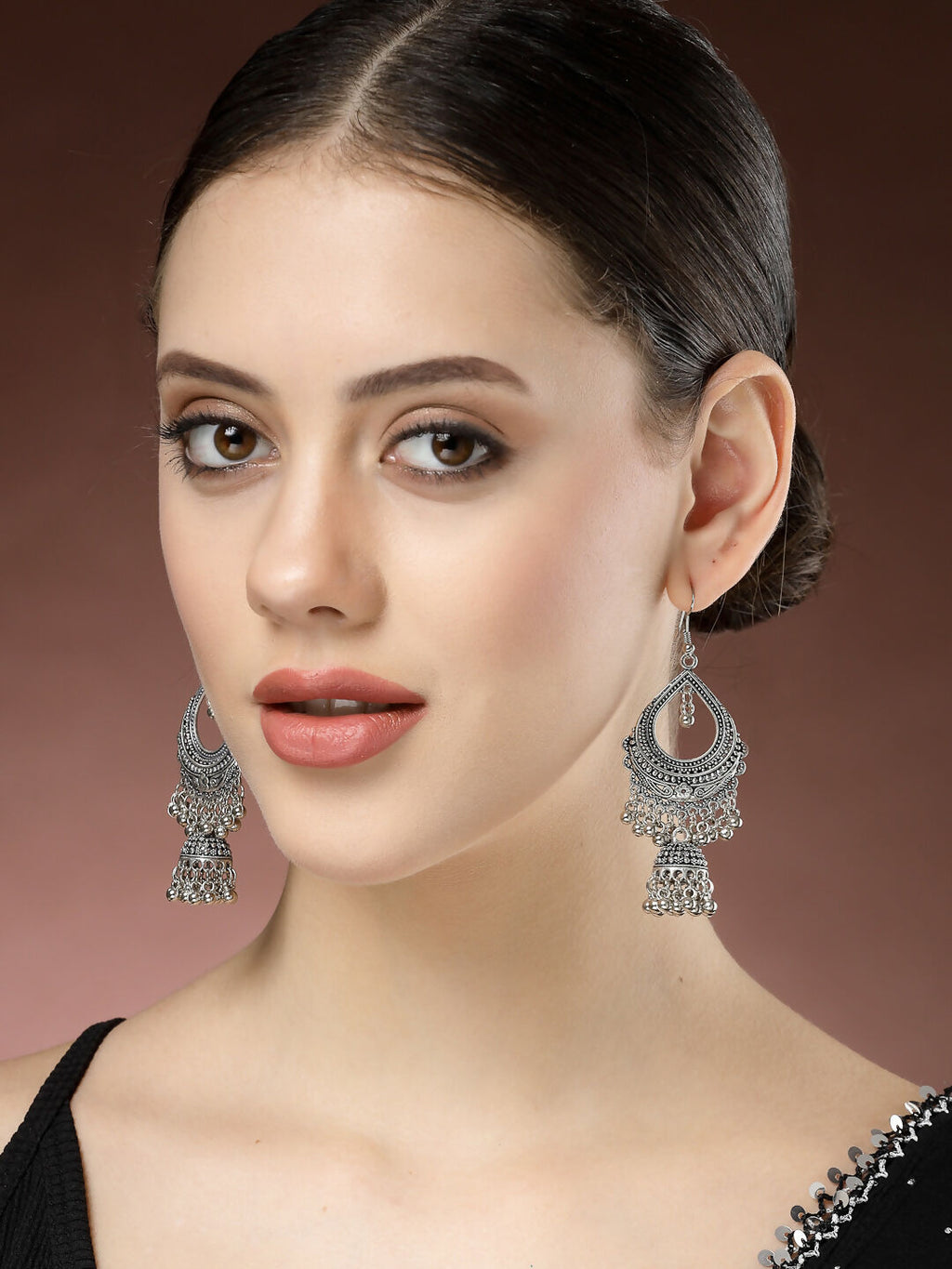 NVR Women's Silver-Plated German Silver Oxidized Jhumka Earrings