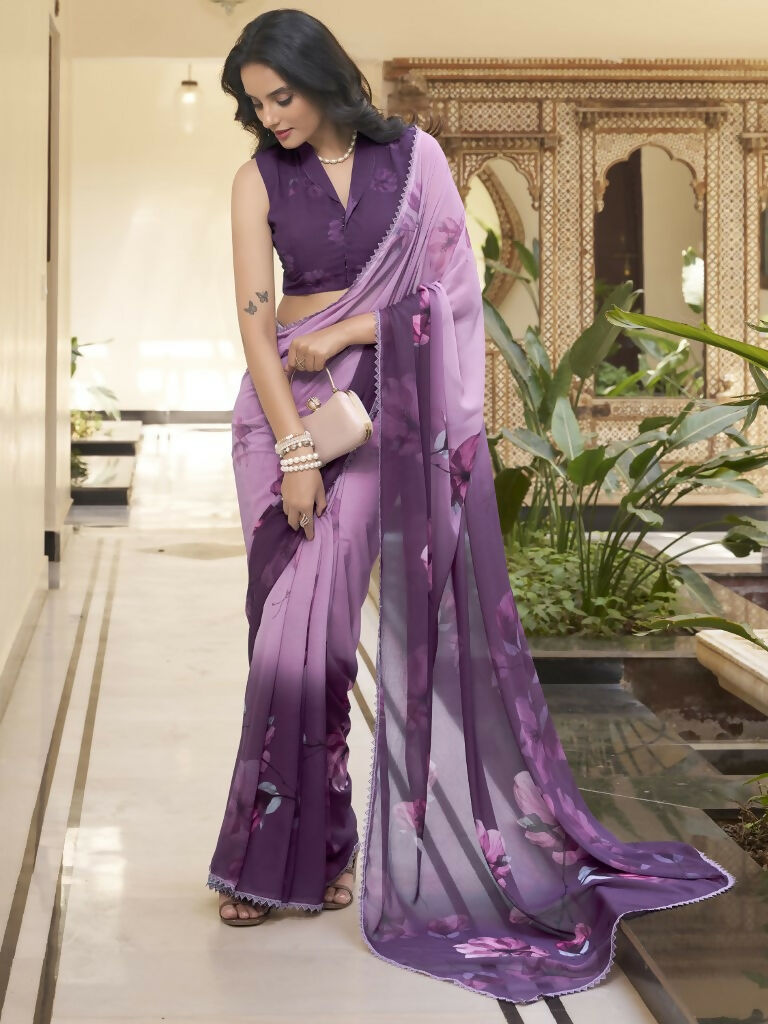 Vastranavya Lavender Weightless Marble Printed & Trim Lace Border Saree with Unstitched Blouse