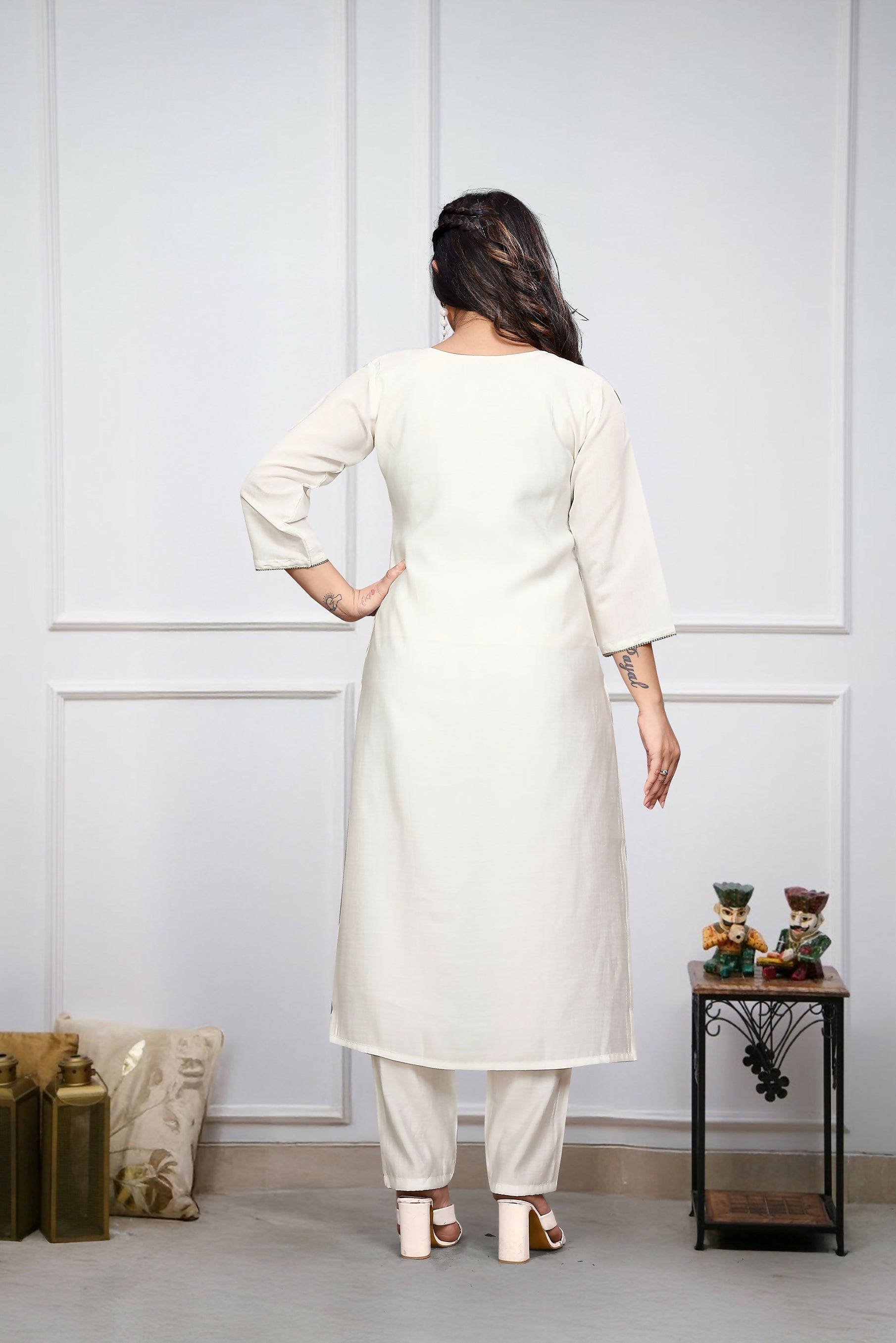 The52 Off White Beautiful Embroidered Viscose Chanderi Fabric Straight Kurta Pant with Dupatta Set