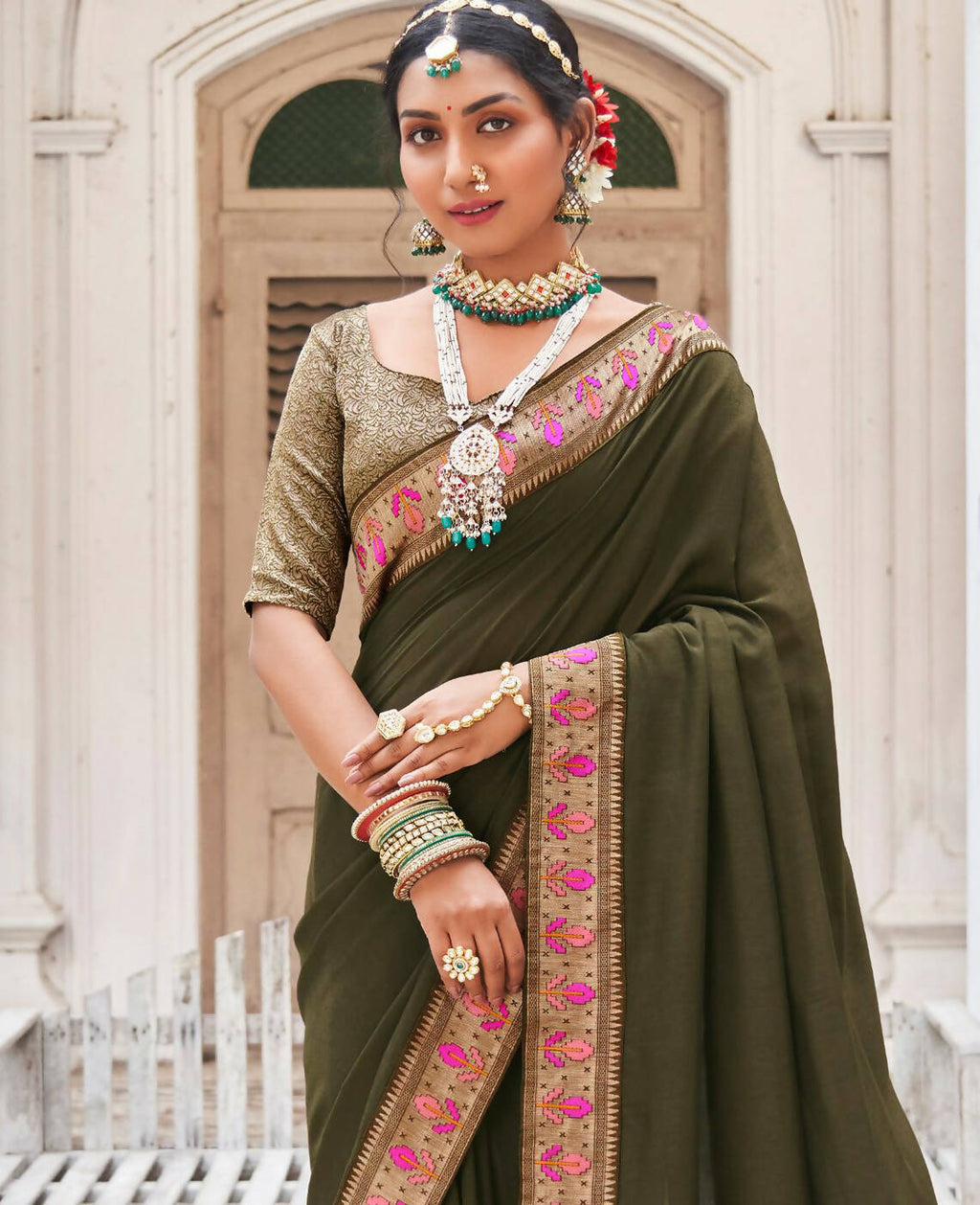 Olive Vichitra Solid Saree With Unstitched Blouse Piece - Juhi