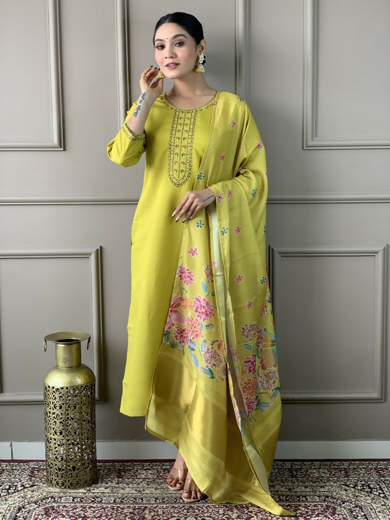 Lemon Viscose chanderi Stitched Suit With Dupatta - Tanisha
