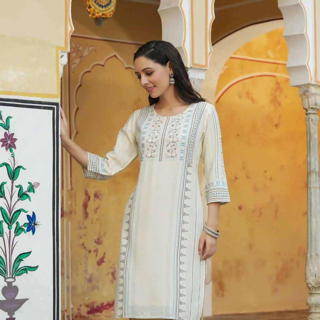 Juniper Women's Off-White Rayon Printed Straight Kurta