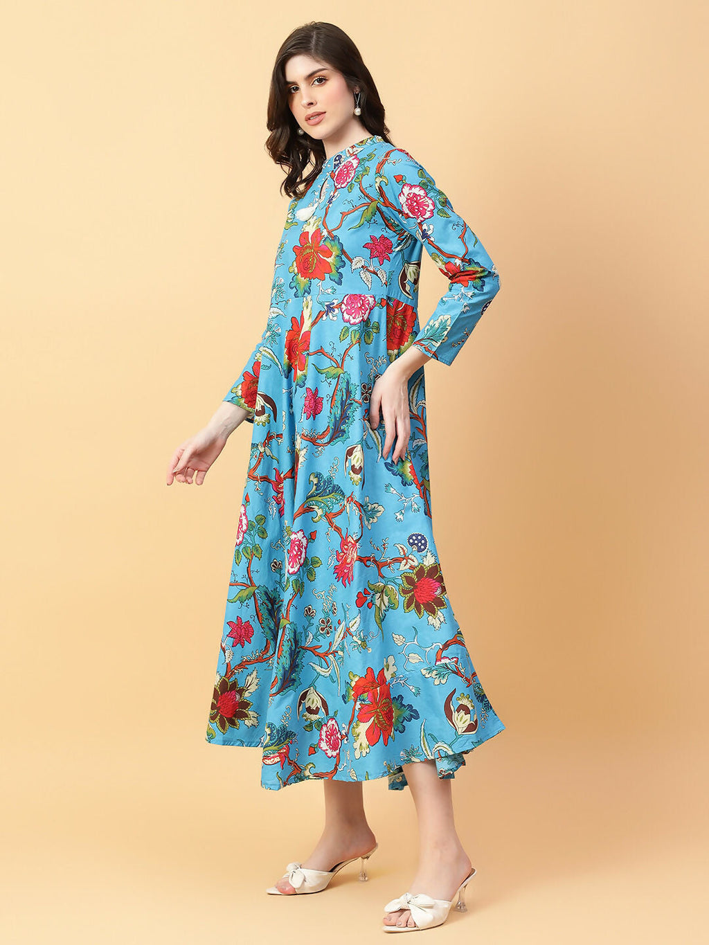 Joban Fashion Turquise Blue Cotton Printed & Hand Work Dress