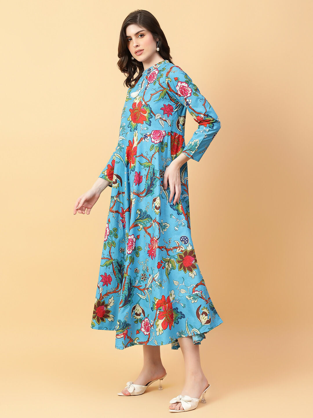Joban Fashion Turquise Blue Cotton Printed & Hand Work Dress