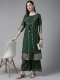 Ahalyaa Womens Dark Green Chanderi Gold Foil Printed Kurta Palazzo Set