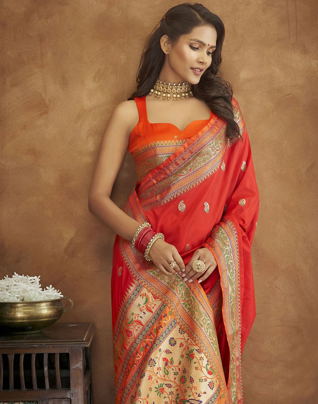 Vastranavya Red Soft Paithani Silk Saree With Gold Zari Weaving Motifs With Matching Blouse Fabric