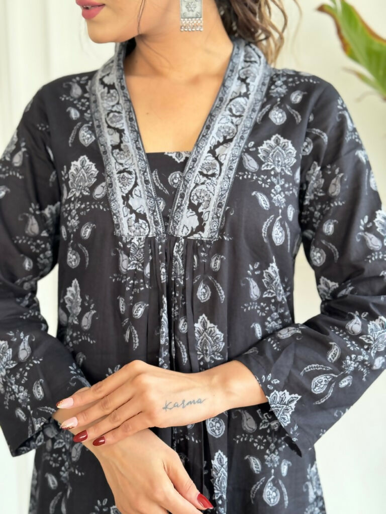 Black Pure Cotton Printed Anarkali Suit with Dupatta - Rashmika