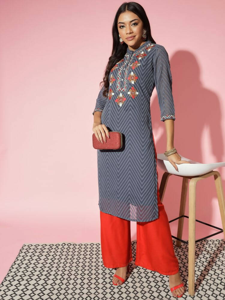 Myshka Women Grey Solid Georgette Straight V-Neck Kurtas