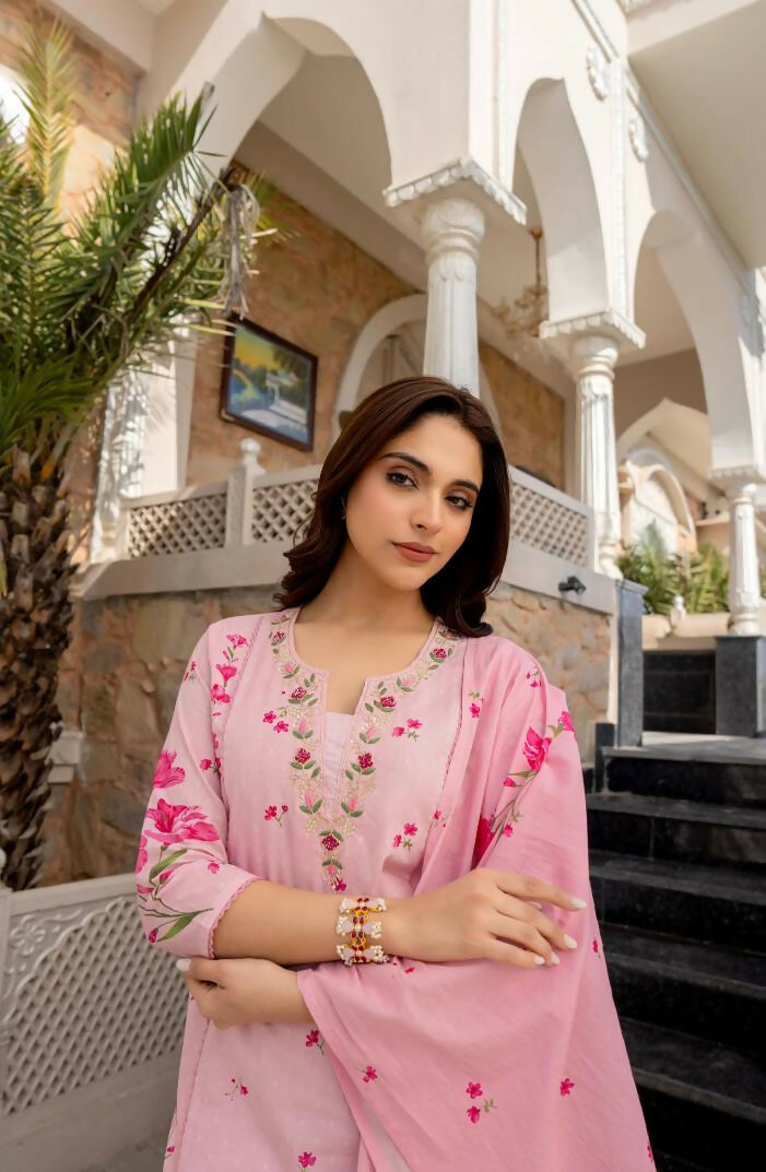 The52 Pink Women's Beautiful Chanderi Fabric Printed Work Straight Kurta Pant and Dupatta Set