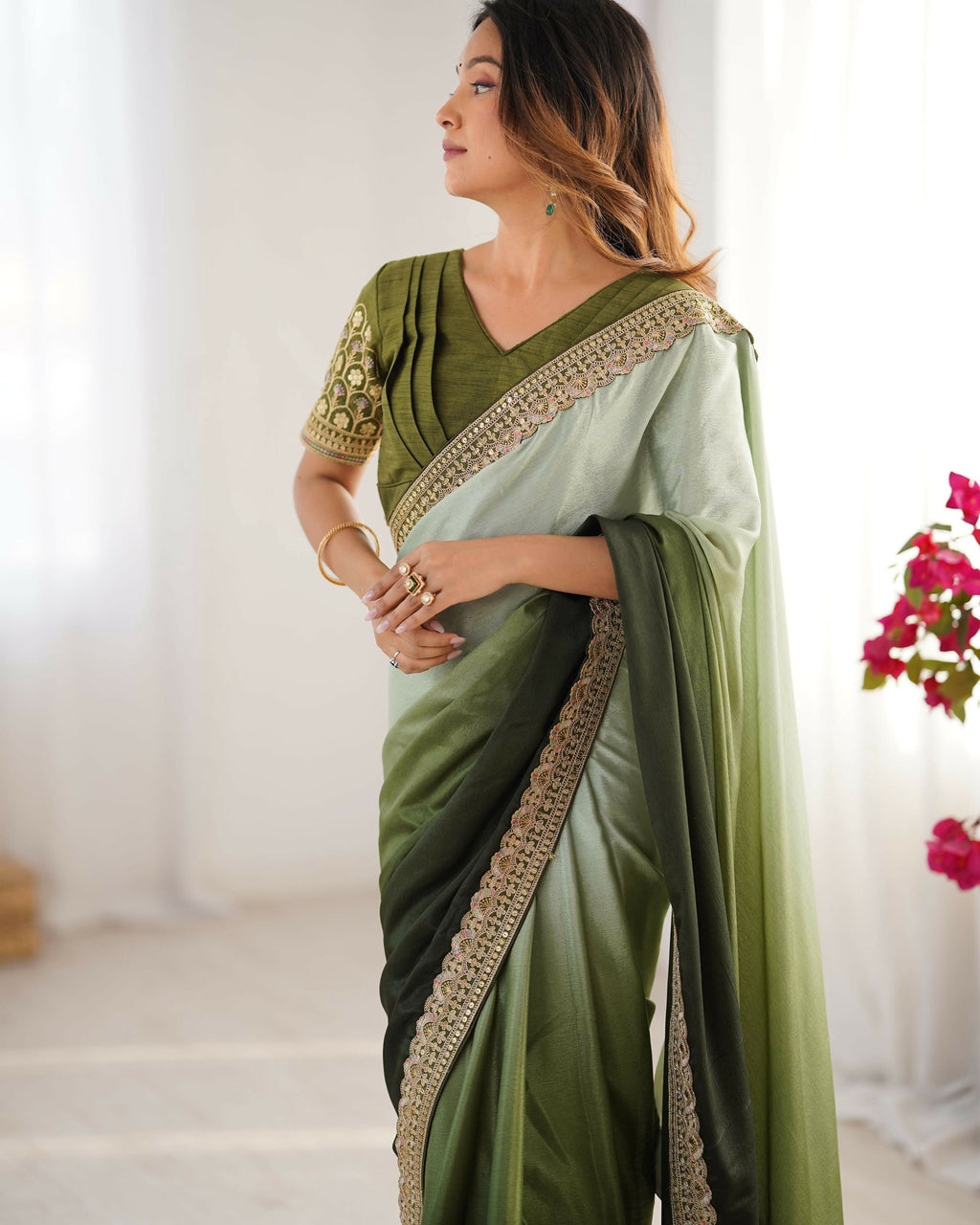 Exclusive Collection Pista Green Party Wear Chinon Salk Saree