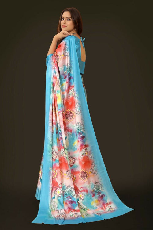Aayaa Designer Printed Satin Saree - Multi Color