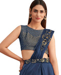 Navy Blue Satin Embroidered Ready To Wear Saree With Unstitched Blouse Piece - Nandika