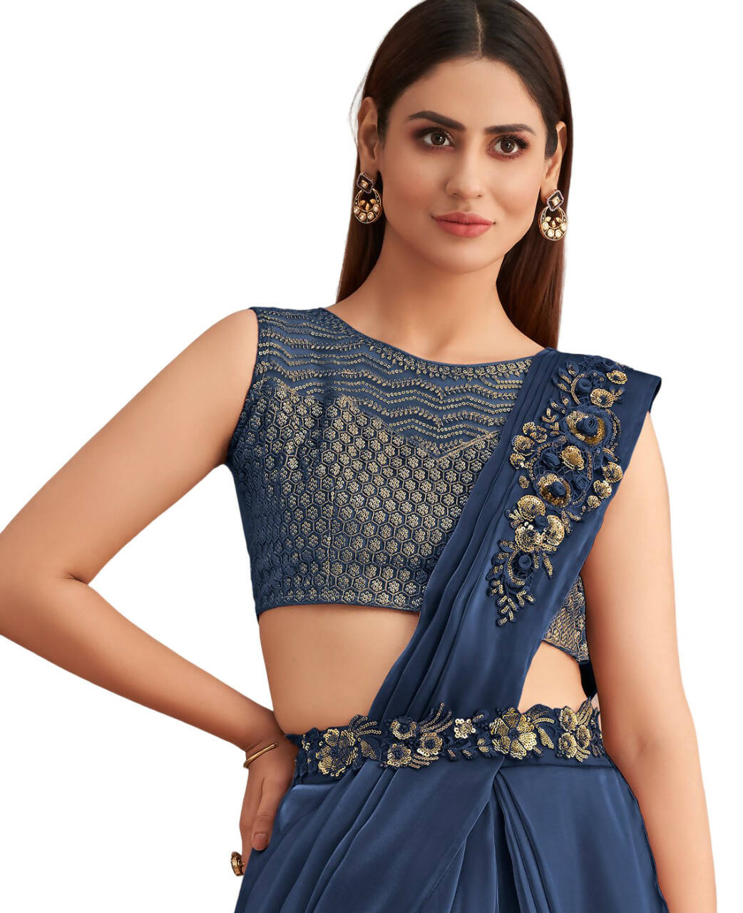 Navy Blue Satin Embroidered Ready To Wear Saree With Unstitched Blouse Piece - Nandika
