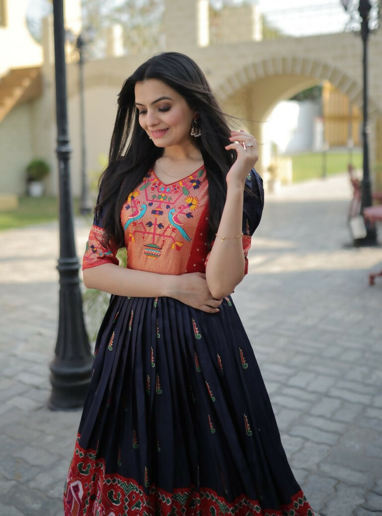 Jyoti Fashion Women's Navy Blue Patola with Foil Print Dola Silk Anarkali Dress