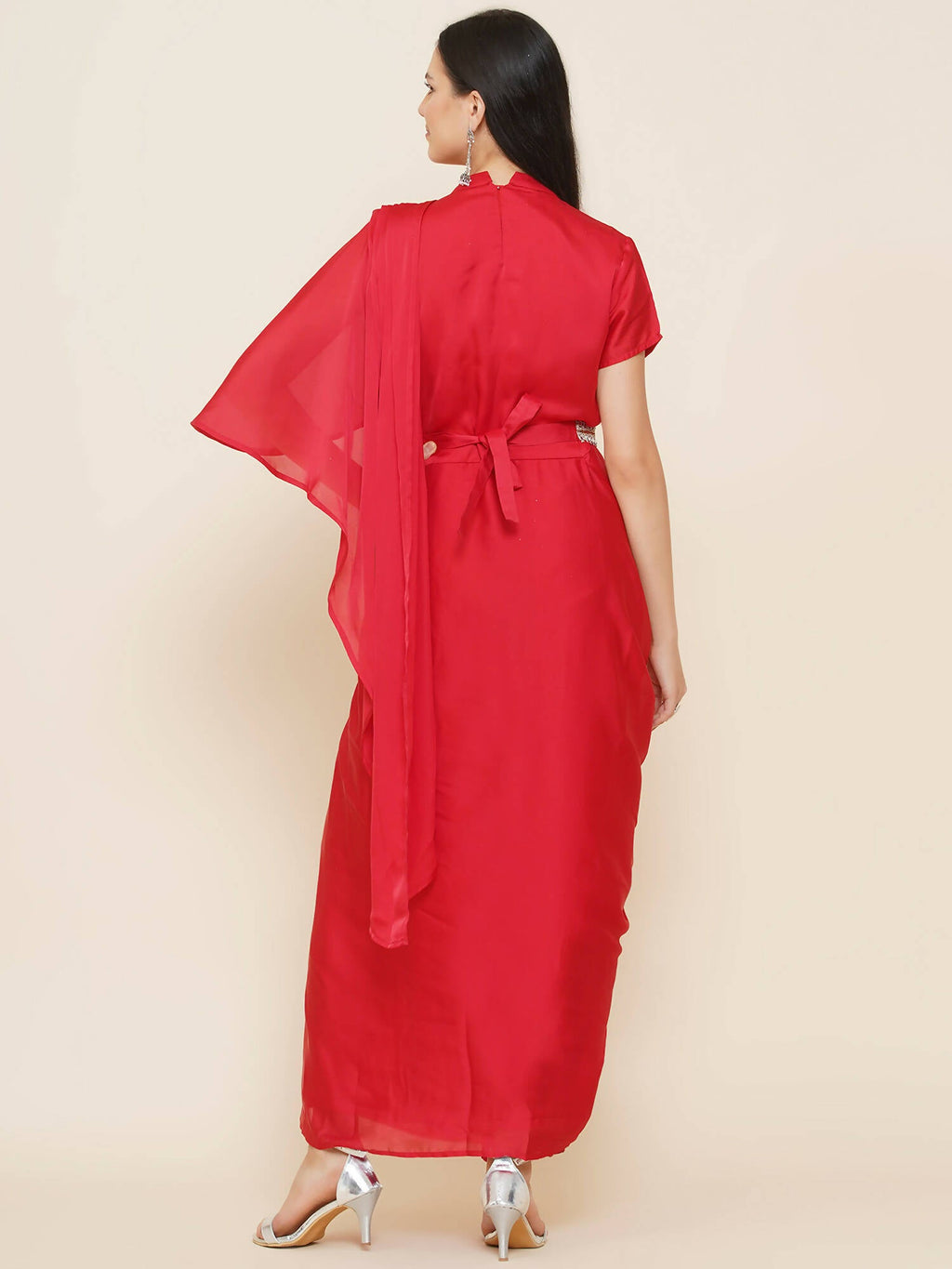 Women Republic Red Hand Embelleshed Gown With Drape