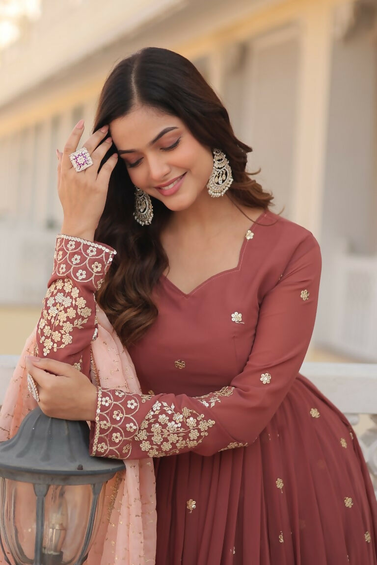 Jyoti Fashion Women's Brown Faux Georgette Sequins Thread Embroidery Anarkali Dress with Dupatta