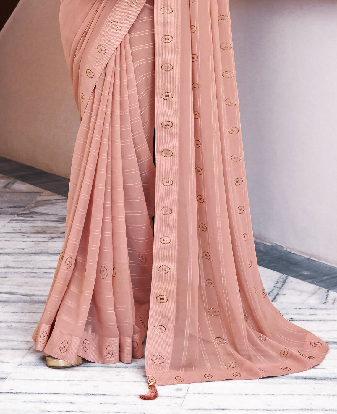 Peach Georgette Swaroski Work Saree With Unstitched Blouse Piece - Juhi