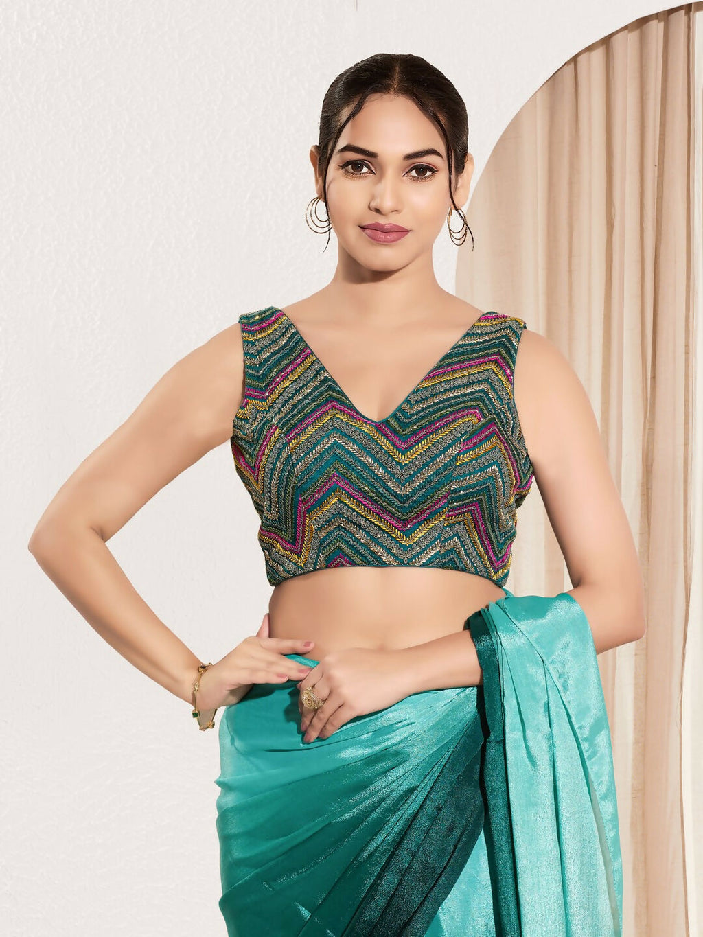Joban Fashion Cobalt Blue Net Padded Blouse With V Neck Sleeveless