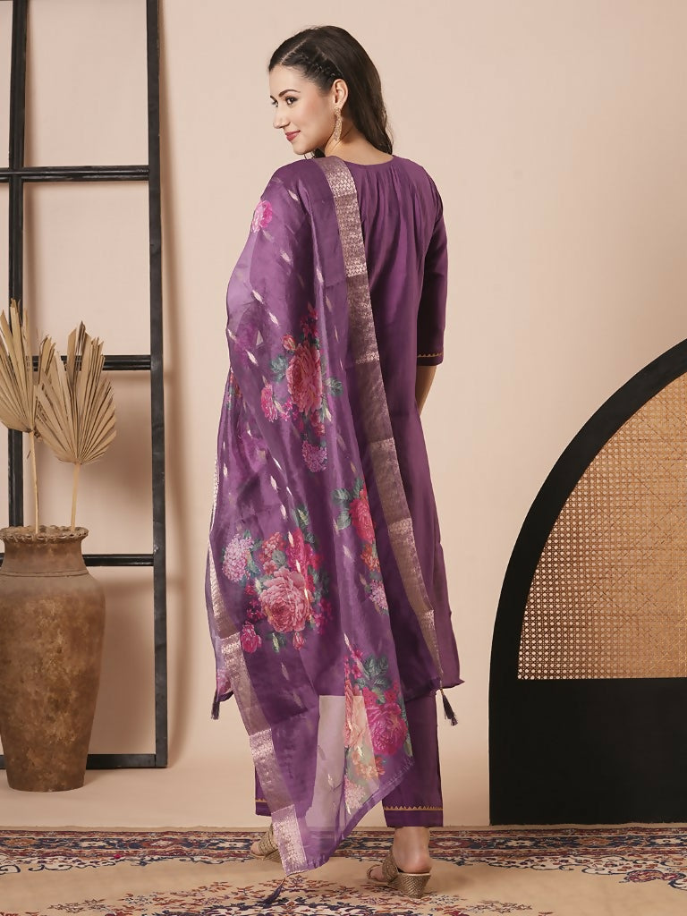 Purple Viscose Chanderi Embroidery Work Kurta Set - Riya