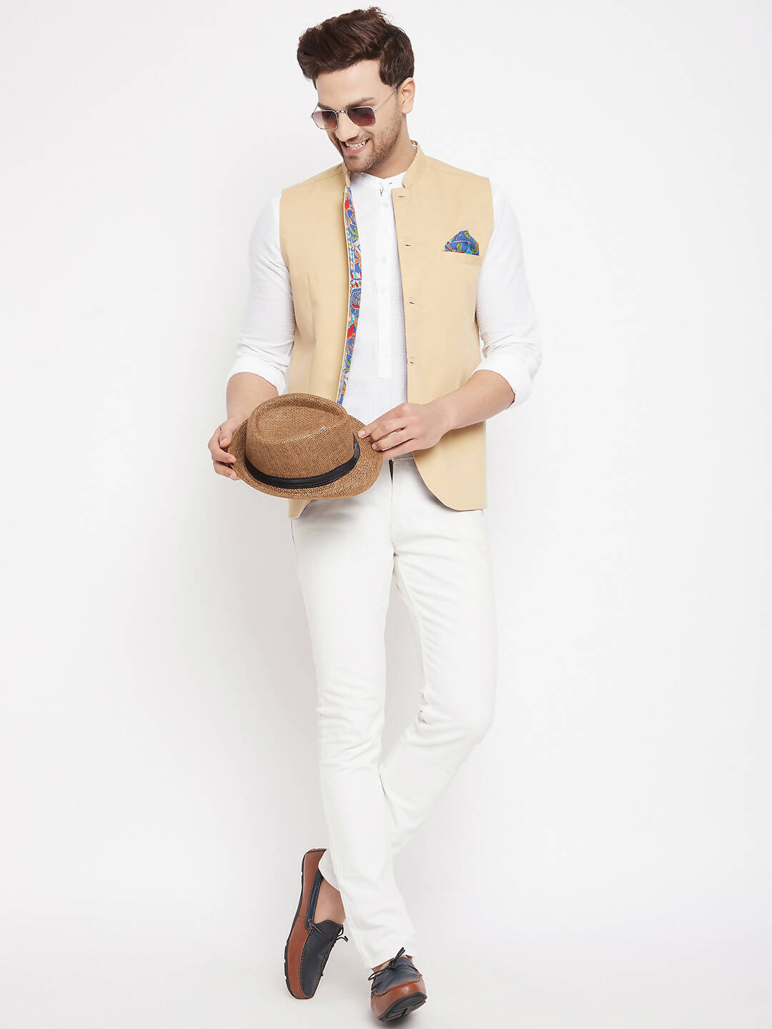 Even Apparels Beige Polyester Men's Nehru Jacket-Contrast Lining-Inbuilt Pocket Square