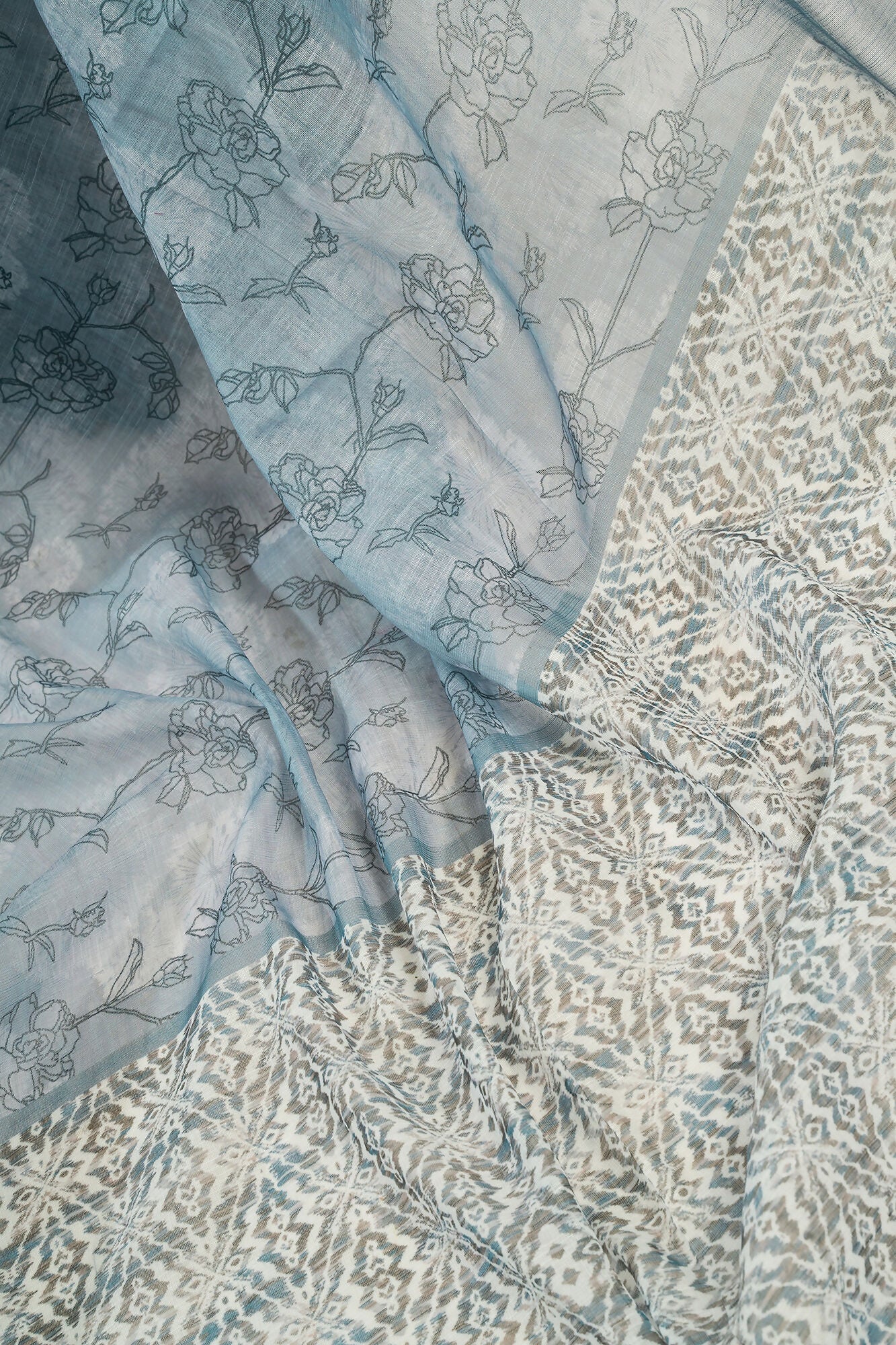 Vastranavya Sea Blue Digital Printed Linen Ready To Wear Designer Saree with Unstitched Blouse